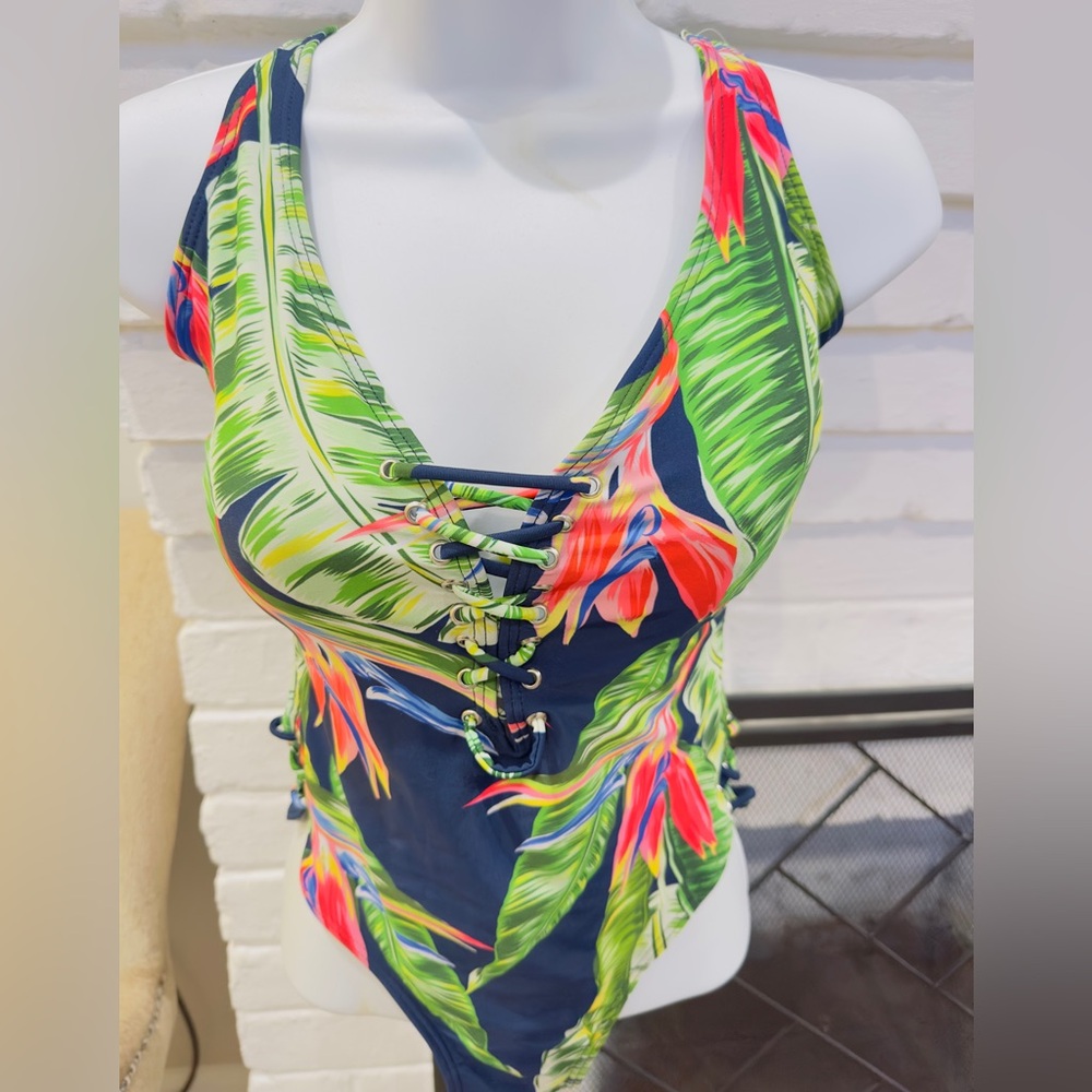 TiniBikini Navy One-Piece with Green & Coral Tropical Print